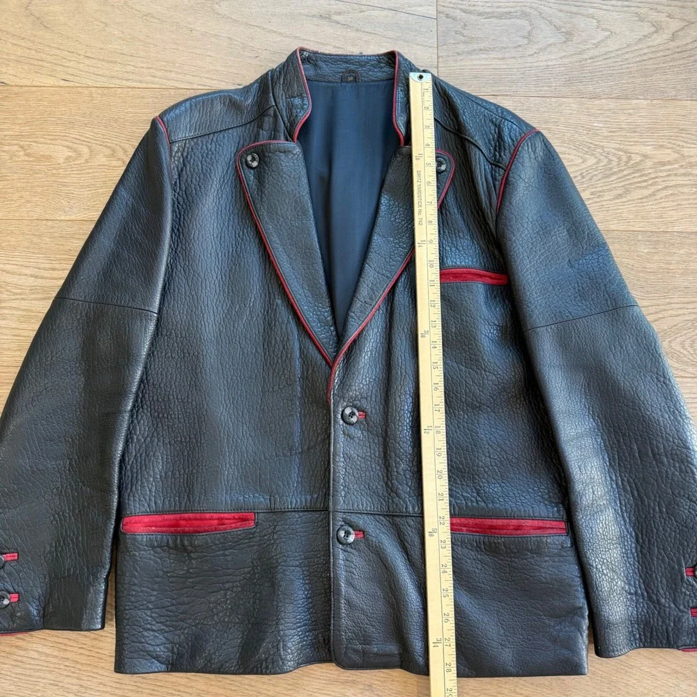Vintage Mens Black Leather Blazer Jacket Red Trim Western Style‎ Size 50